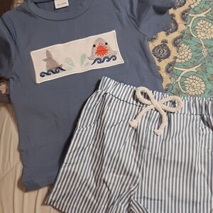 Toddler Short Set, Embroidered Shark On Top With Striped Shorts, CUTE
